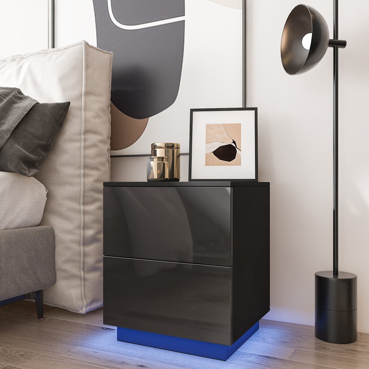 Woodyhome™ Modern LED Nightstand Glossy Drawer End Tables with Remote