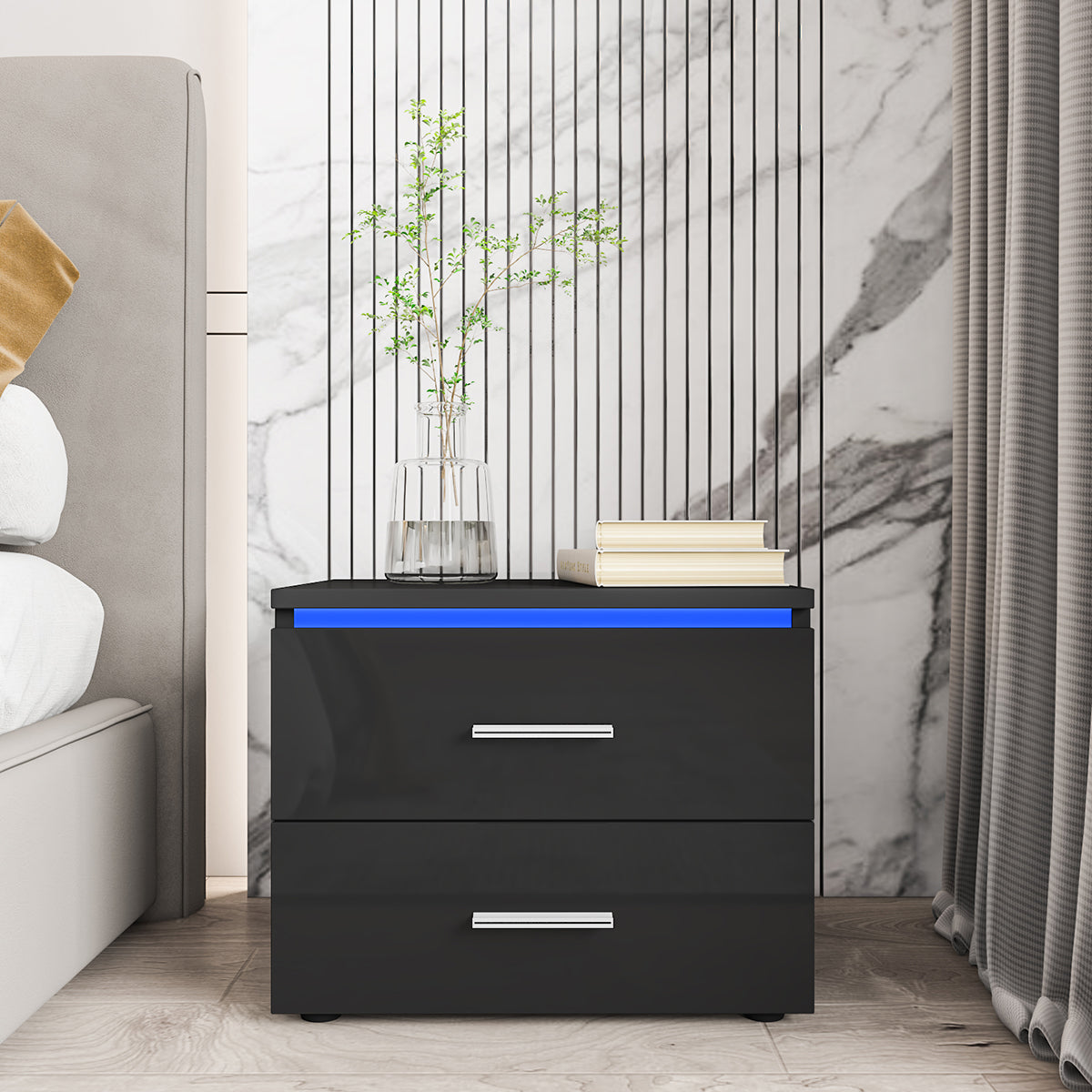 Woodyhome™ LED Nightstand Modern High Gloss RGB with 2 Drawers