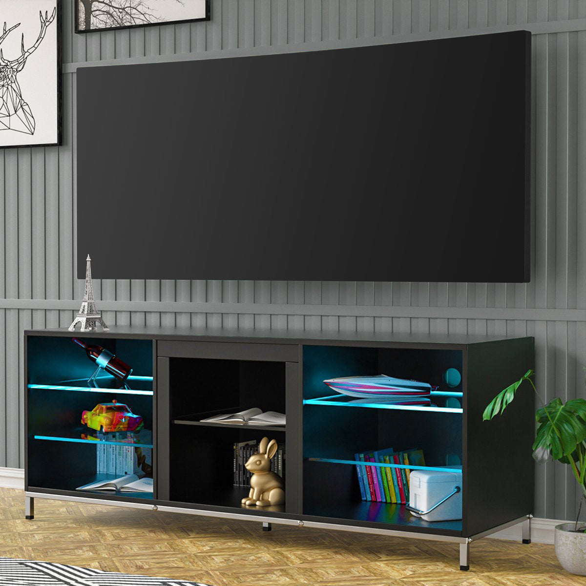Woodyhome™ TV Cabinet Stand  Modern Unit Shelf Console High Gloss Blue LED Light for 70in TV