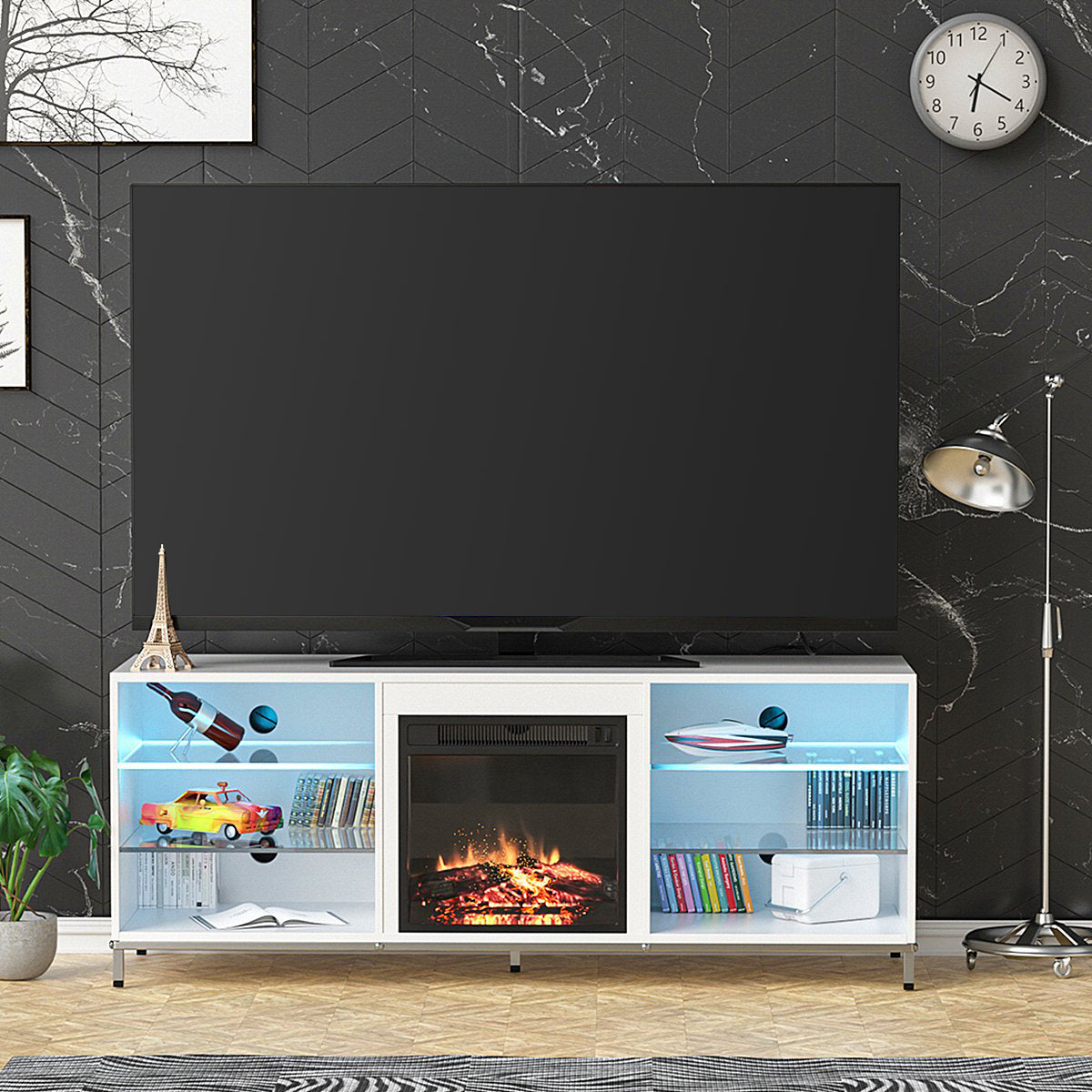 Woodyhome™ TV Cabinet Stand  Modern Unit Shelf Console High Gloss Blue LED Light for 70in TV
