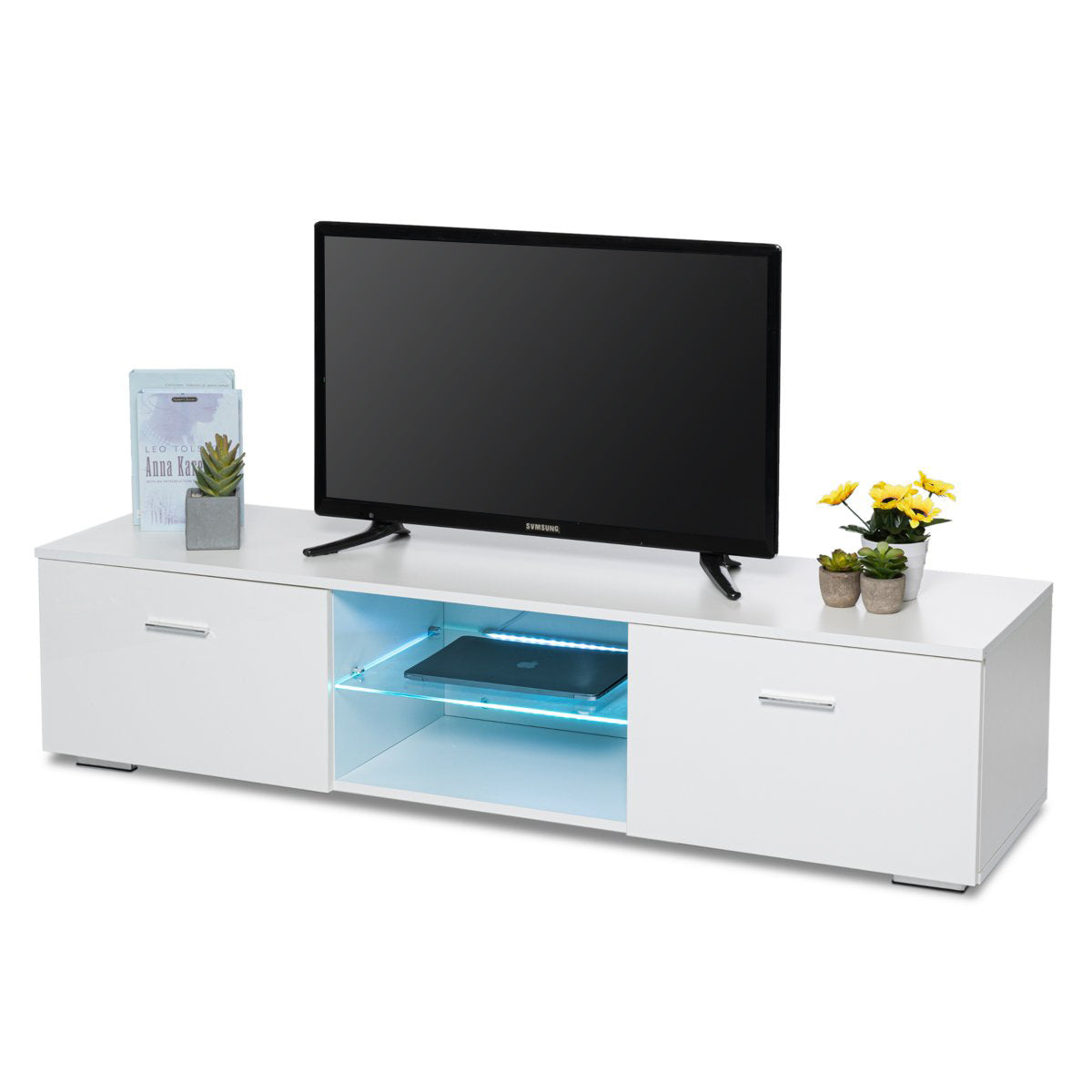 Woodyhome™ TV Stand 57" with LED Lights Drawers Cabinet