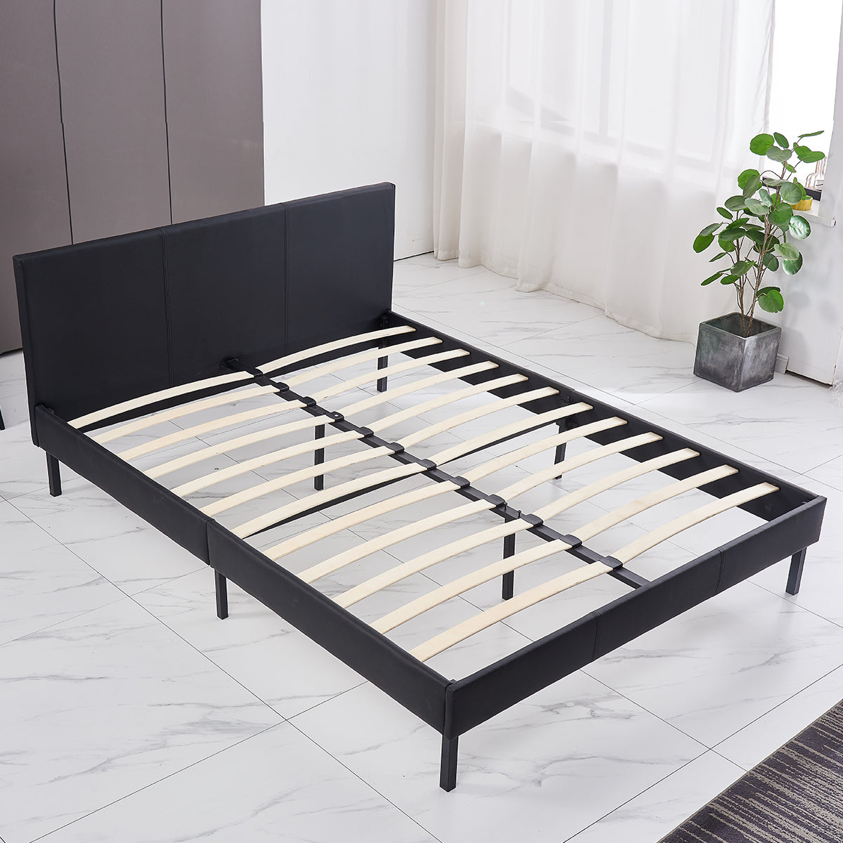 Snailhome® Queen Size Upholstered PU Leather Platform Bed Frame