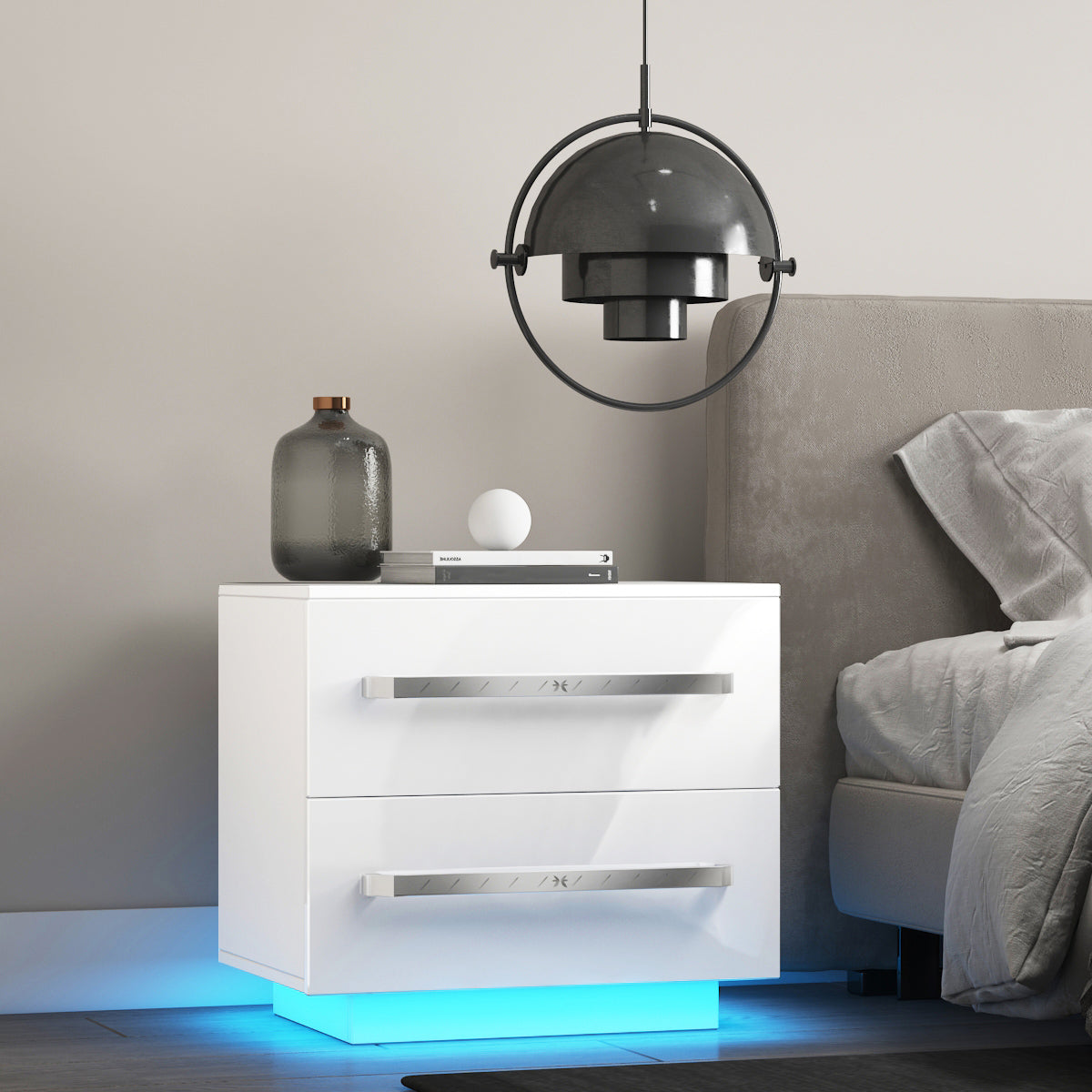 Woodyhome™ Nightstand Modern LED Bedside Table High Gloss with 2 Drawers
