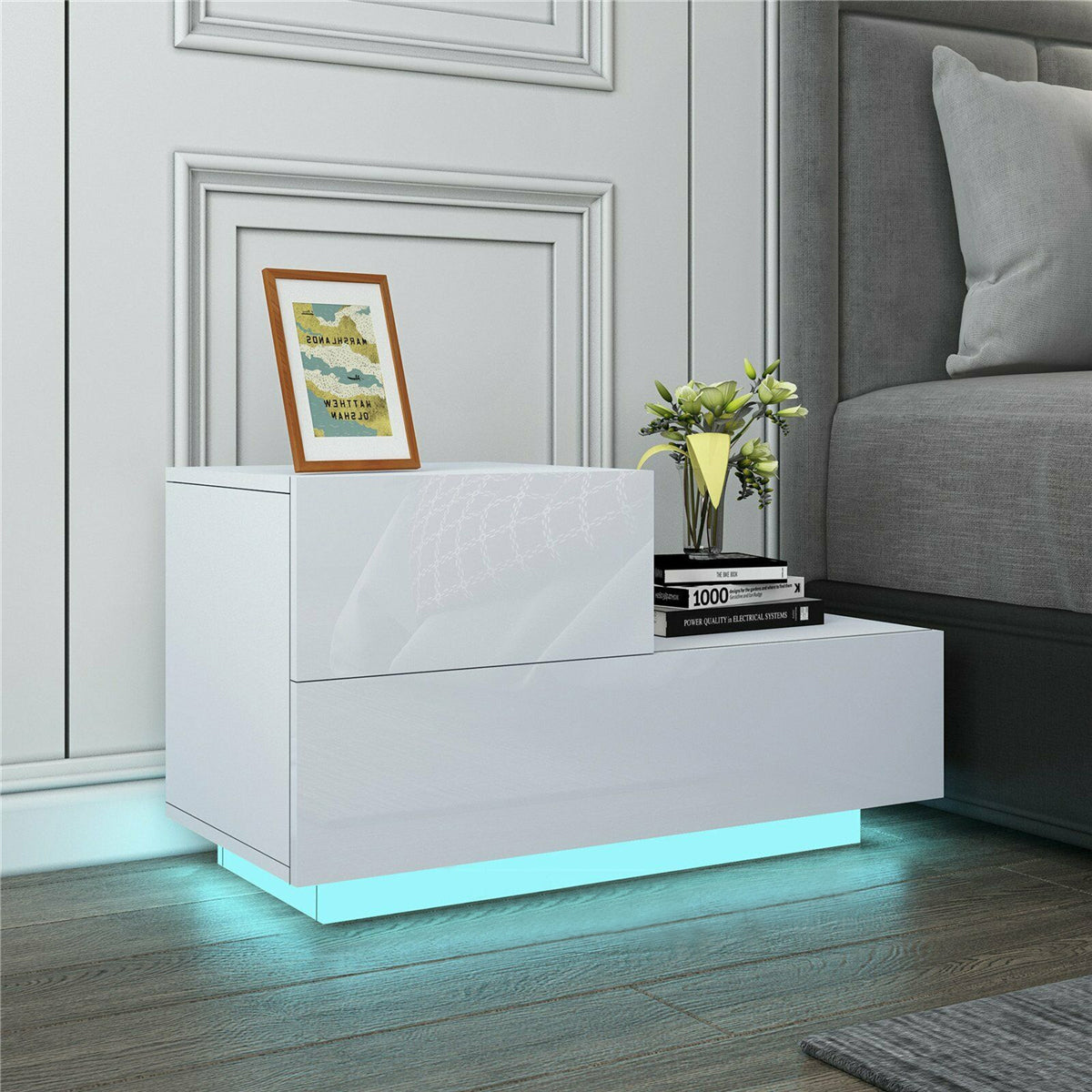 Woodyhome™ LED Nightstand with 2 Drawers and Modern RGB High Gloss