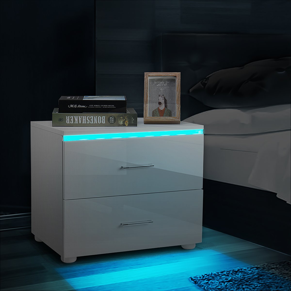 Woodyhome™ LED Nightstand Modern High Gloss RGB with 2 Drawers