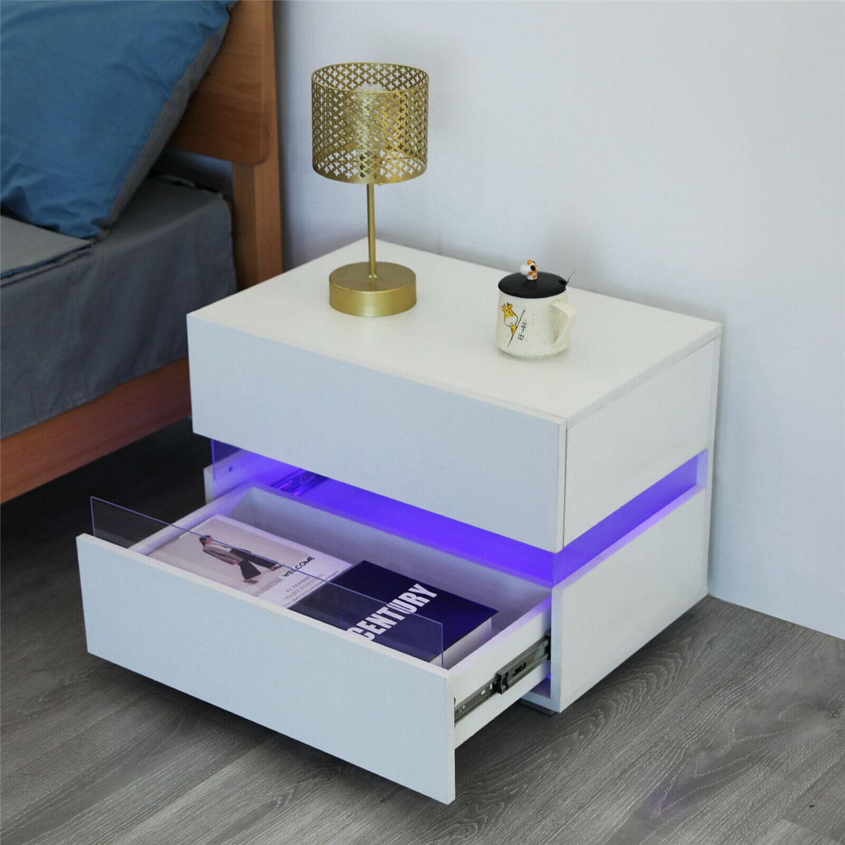 Woodyhome™ LED Nightstand with Modern Colorful LED and Glossy Drawers